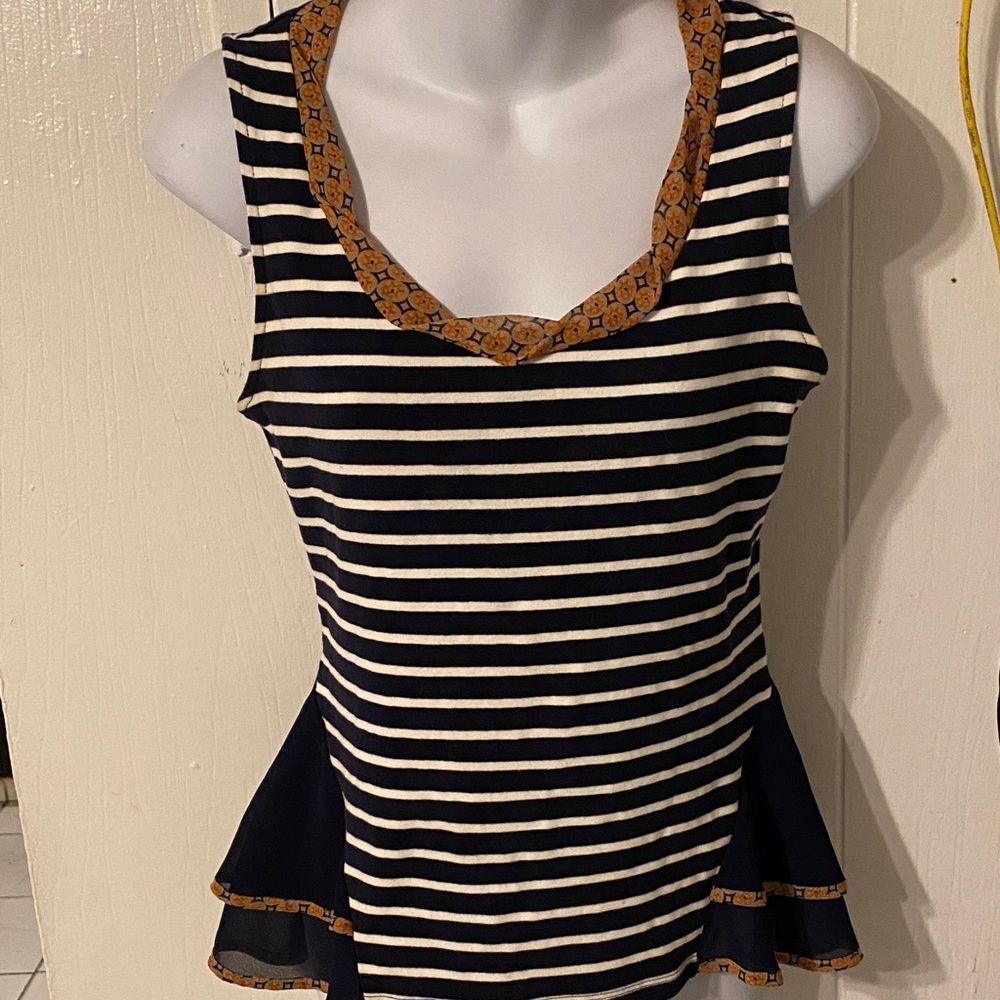 Navy Striped Sleeveless Top with Ruffle Detail